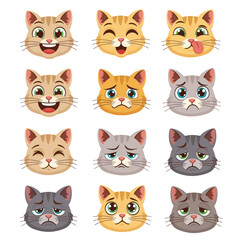 Collection of cute cartoon cat faces showing a variety of emotional expressions. Set of kitty head avatars with happy, sad, and angry feelings.
