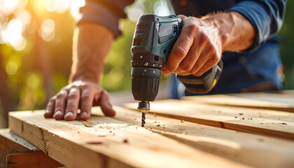 Handyman using power drill on wooden plank with bright sunlight, creating DIY project