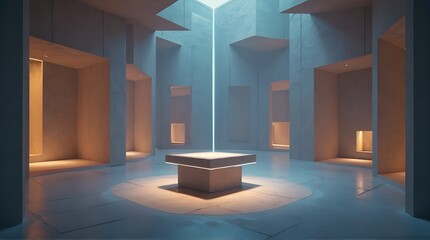 Geometric minimalist interior with illuminated niches, central pedestal, and skylight serenity 