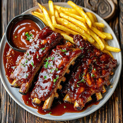 round plate with appetizing food on a wooden table, top view of ribs, french fries, sauce, ketchup, greens