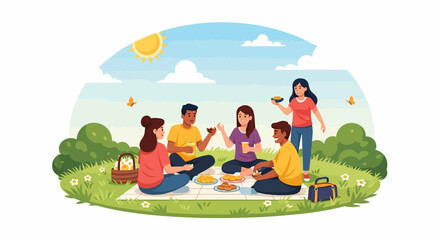 Cheerful Friends Enjoying a Sunny Picnic with Food and Beverages Outdoors.