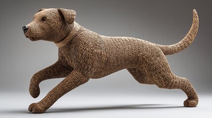 Dynamic rattan dog sculpture in motion digital art showcase abstract craft environment cute animal figure energy