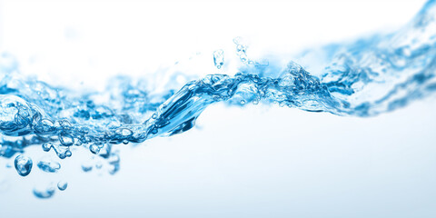 Splash of clear blue water with bubbles against a white background.