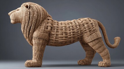 Majestic rattan lion sculpture digital art cute figure abstract energy side view display