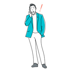 スマートフォンで通話中のスーツ姿の男性を描いたベクター線画イラスト