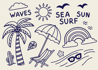 A Comprehensive Collection of Hand-Drawn and Silhouette Beach & Surf Themed Doodles, Icons, and Summer Elements in Black and White