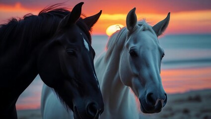 Obraz premium Sunset Serenity: Black and White Horses at the Beach, Dramatic Lighting