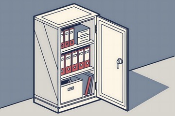 Open metal filing cabinet filled with binders and boxes against a textured wall with shadow