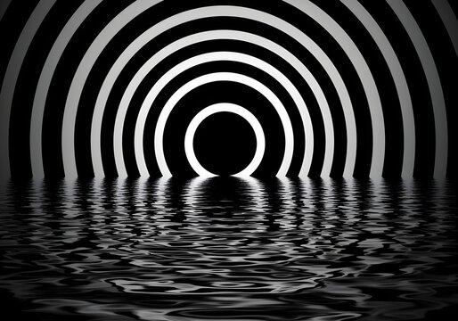 A bold black and white concentric circle composition, Op Art style, dynamic movement, abstract, geometric, stark shadows, projected onto rippling water at night, creating distorted reflections.