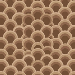 Seamless geometric pattern with overlapping concentric circles in brown tones. Abstract retro background concept inspired by 70s design and fish scales.