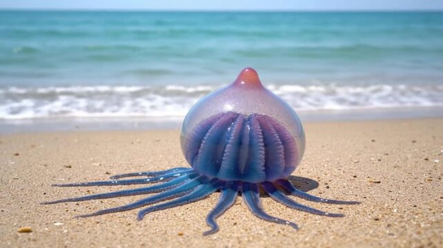 A blue Portuguese ManofWar sits on a sandy beach with the ocean in the background