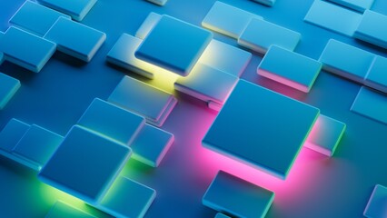 Abstract 3d render, blue geometric background design with plastic rectangles shapes