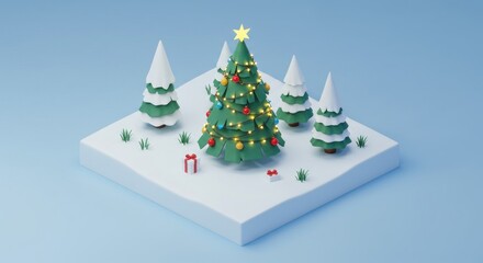 Low-poly 3D render of a decorated Christmas tree with lights, ornaments, and small gifts, nestled amidst snow-covered trees on a white square base against a light-blue backdrop