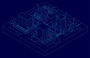 Low poly city contour in isometric view features neatly arranged buildings in a grid pattern with scattered street lights for a modern urban feel. Trees create a natural backdrop, and the clean.