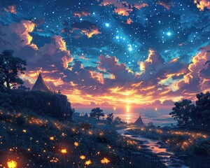 Fototapeta premium Magical Fantasy Landscape at Sunset with Starry Sky and Campfires, Enchanting Nature Scene