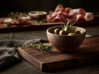 Delicious green olives served as appetizers with rosemary and cured ham
