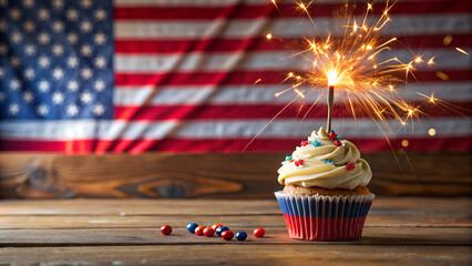 A festive cupcake with a sparkler in front of the american flag