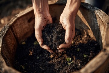 A person holding a wooden container filled with dirt