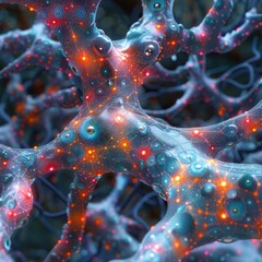 Abstract glowing neural network with interconnected nodes and vibrant lights symbolizing AI, data flow, and complex thought processes