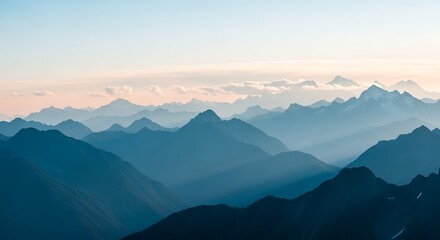 Fototapeta premium Photo of layers of mountains are visible in the distance under a pastel sky