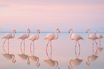 flamingos wading in lagoon, pastel tones, symmetrical feel
