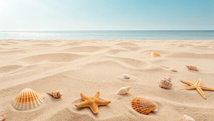 Sandy Beach with Shells &ndash; Summer Vibes, Minimal Seashore, Coastal Scene, Tranquil Sand Texture, Holiday Background, Natural Beauty