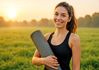 Young smiling woman with brunette hair holding yoga mat on a blurred morning meadow background.Healthy lifestyle, wellness concept.