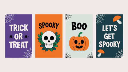 Naklejka premium Colorful Halloween Card Set Featuring Spooky Phrases, Pumpkins, Skull, Spiders, and Spiderwebs for Celebration