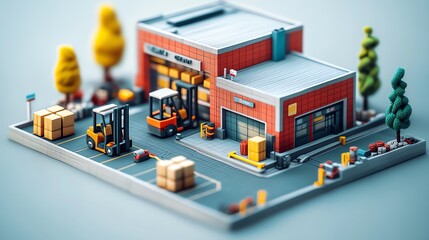 Miniature Warehouse Building with Forklifts and Storage Containers in a Toy City Scene