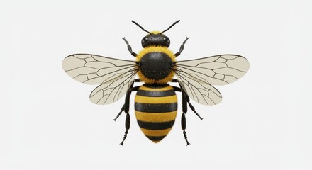 Top-down view of a fuzzy bumblebee, black and yellow stripes, veined translucent wings