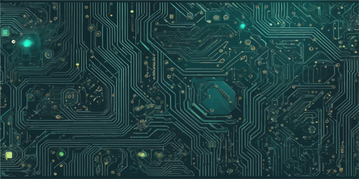 Macro closeup of an electronic printed circuit board with a pattern of communication chips, processors, and other digital hardware