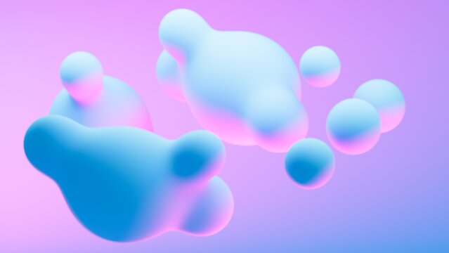 Abstract colored metaball spheres in flight. Realistic render of bubbles on an isolated blue background.