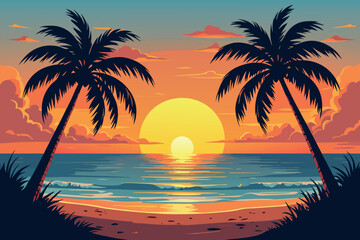 Vibrant Pixel Art Tropical Beach Sunset with Silhouetted Palm Trees and Calm Ocean Waves