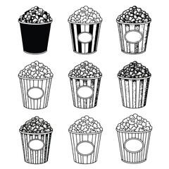 Variety of Popcorn Buckets in Black and White Line Art Illustration for Movie Night Snacks and Treats
