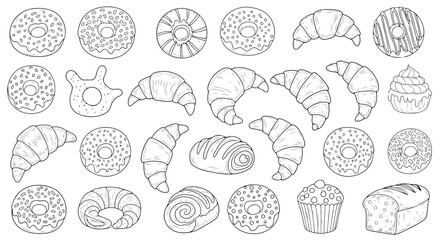 Various Bakery Items Vector Illustration Seamless Pattern Featuring Croissants Donuts Cupcakes and Bread for Culinary Designs