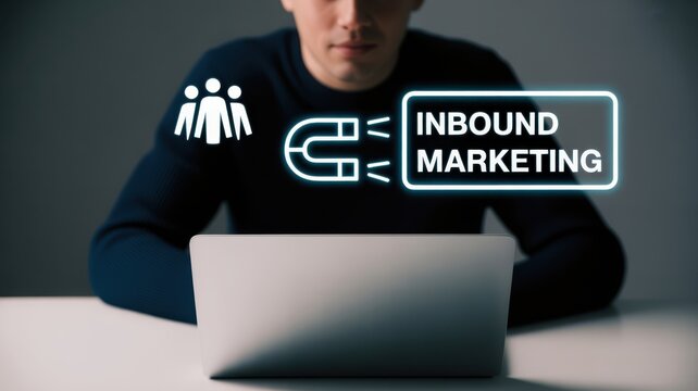 Mastering Inbound Marketing Strategies: A person interacting with a laptop displaying an "INBOUND MARKETING" icon with a magnet, illustrating customer attraction and organic lead generation tactics