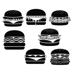 Black and White Burger Icons Collection Hamburger Vector Silhouette Design Illustration for Fast Food Lovers and Culinary Enthusiasts