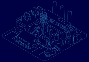Low poly factory blueprint in isometric view on a blue background, featuring detailed windows, doors, and structural elements. The clean contour design highlights industrial architecture.