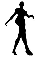 A black silhouette of woman stands with arms outstretched against a clean white background. The female figure appears to be walking, creating a striking contrast.