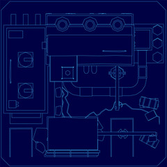 Low poly factory blueprint displays detailed architectural layout with precise contour lines. The design includes structural elements, machinery placement, and labeled sections.