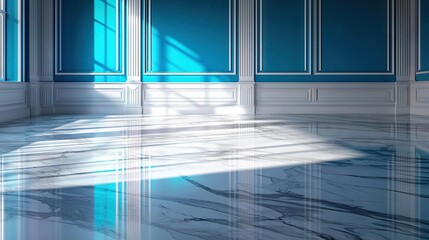 Obraz premium A spacious room boasts a lustrous marble floor, vivid blue walls, and a stunning window that lets in a radiant beam of sunlight