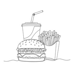 Classic Fast Food Meal Black and White Line Art for Coloring or Design Projects Featuring Burger Fries and Drink