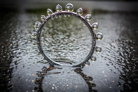 Metal ring, rain drops, circular shape, reflective puddle - Powered by Adobe