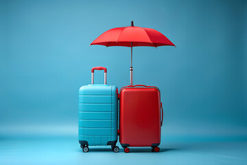 A red umbrella protects two suitcases, one red and one blue