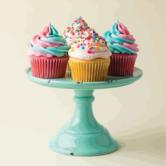 Delicious Cupcakes on Turquoise Cake Stand with Colorful Frosting and Sprinkles Perfect for Celebration and Sweet Treat Enjoyment