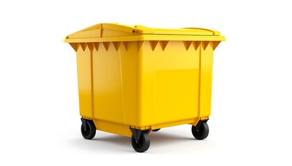 Isolated yellow wheelie bin on white background, environmental waste management