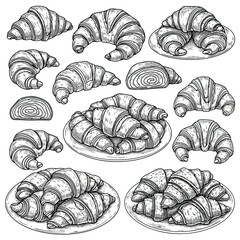 Delicious freshly baked croissants collection in detailed engraving style perfect for bakery designs and culinary illustrations for menus or cookbooks