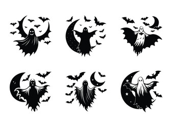 Fototapeta premium Collection of Six Halloween Ghost and Bat Vector Illustrations for Spooky Designs