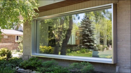 Modern house exterior with large window reflecting greenery, showcasing contemporary architecture and serene atmosphere.