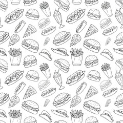Fast Food Seamless Pattern with Burger Fries Pizza Hotdog and Milkshake Doodle Style Outline Drawing on White Background